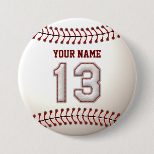 Baseball Stitches Player Number 13 and Custom Name 7.5 Cm Round Badge
