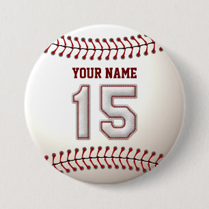 Baseball Stitches Player Number 15 and Custom Name 7.5 Cm Round Badge