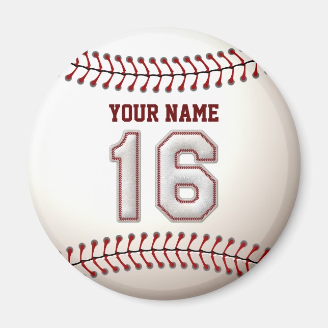 Baseball Stitches Player Number 16 and Custom Name Magnet (Front)