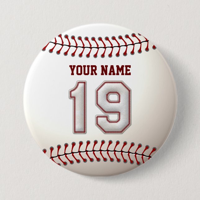 Baseball Stitches Player Number 19 and Custom Name 7.5 Cm Round Badge (Front)