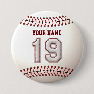 Baseball Stitches Player Number 19 and Custom Name 7.5 Cm Round Badge