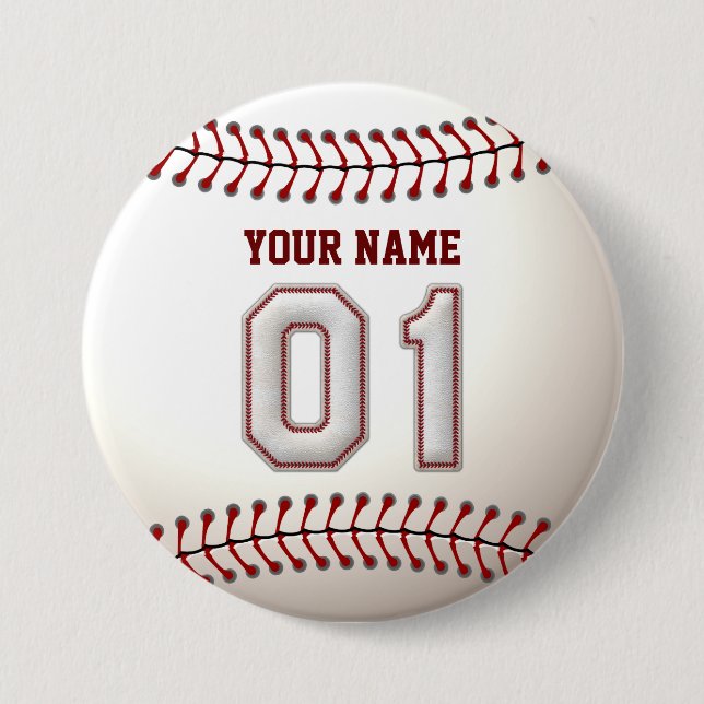 Baseball Stitches Player Number 1 and Custom Name 7.5 Cm Round Badge (Front)