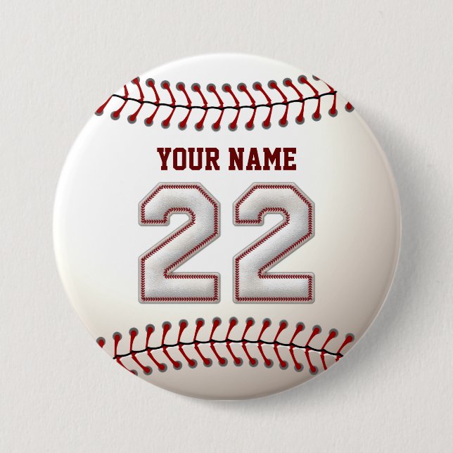 Baseball Stitches Player Number 22 and Custom Name 7.5 Cm Round Badge (Front)