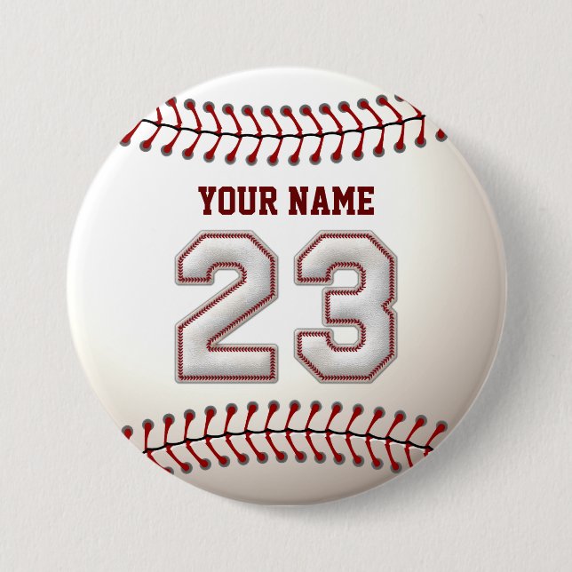 Baseball Stitches Player Number 23 and Custom Name 7.5 Cm Round Badge (Front)