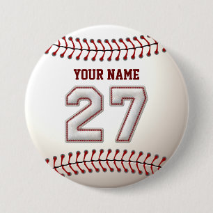 Baseball Stitches Player Number 27 and Custom Name 7.5 Cm Round Badge
