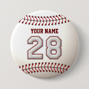 Baseball Stitches Player Number 28 and Custom Name 7.5 Cm Round Badge