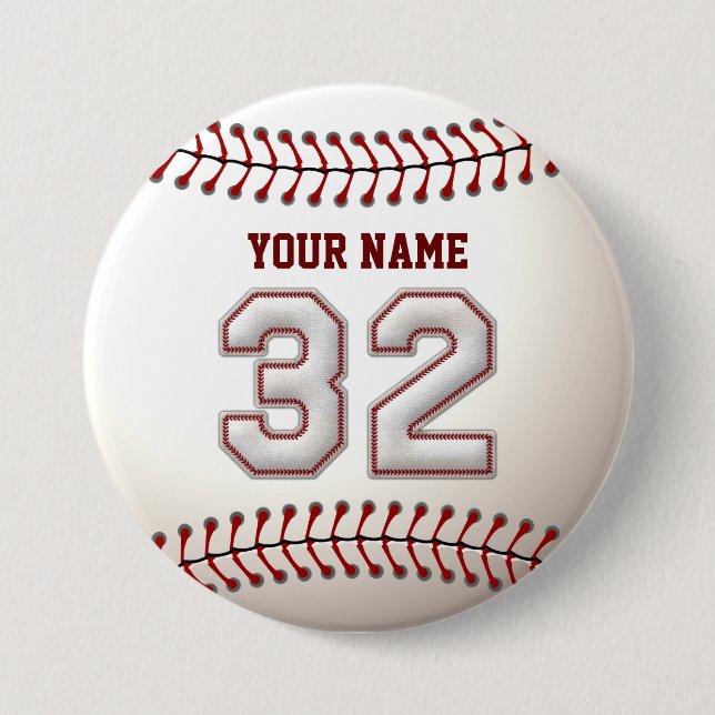 Baseball Stitches Player Number 32 and Custom Name 7.5 Cm Round Badge (Front)