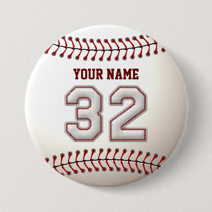 Baseball Stitches Player Number 32 and Custom Name 7.5 Cm Round Badge