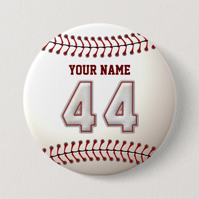 Baseball Stitches Player Number 44 and Custom Name 7.5 Cm Round Badge (Front)