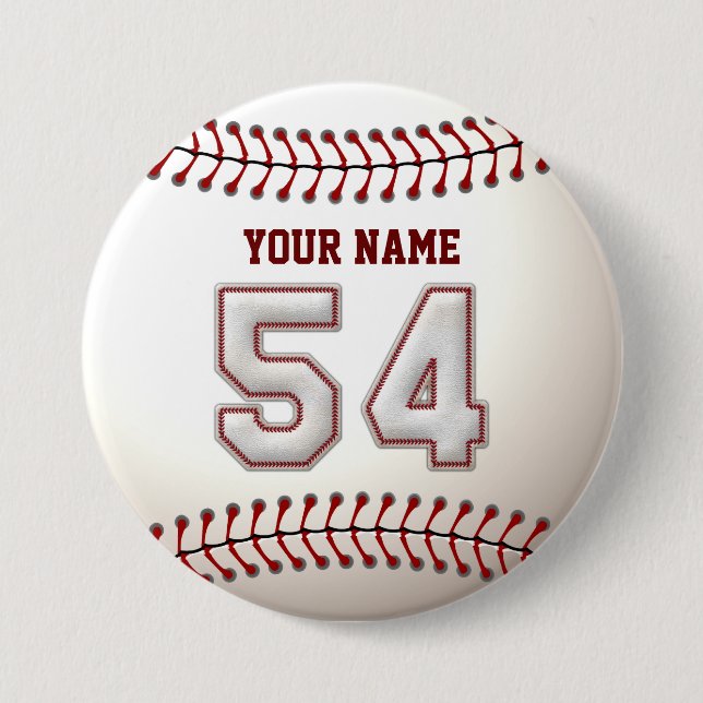 Baseball Stitches Player Number 54 and Custom Name 7.5 Cm Round Badge (Front)