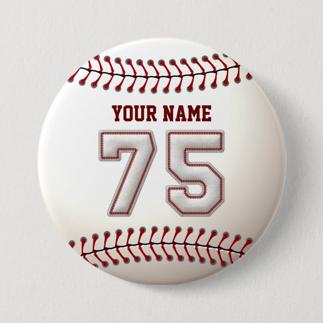 Baseball Stitches Player Number 75 and Custom Name 7.5 Cm Round Badge (Front)