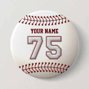 Baseball Stitches Player Number 75 and Custom Name 7.5 Cm Round Badge