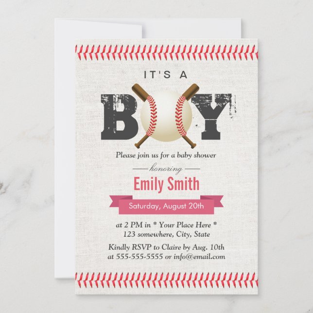 Baseball Stitching It's a Boy Sports Baby Shower Invitation (Front)
