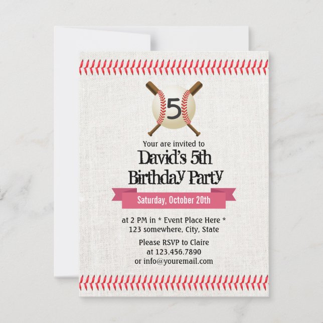 Baseball Stitching Sport Themed 5th Birthday Party Invitation (Front)