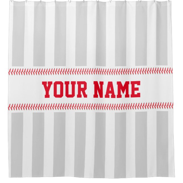 Baseball Stitching Sport Themed with Name Stripes Shower Curtain (Front)