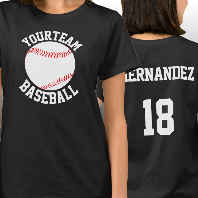 Baseball Team, Player Name & Number Womens T-Shirt (Custom baseball team shirts with personalized team name, player name and player number.)