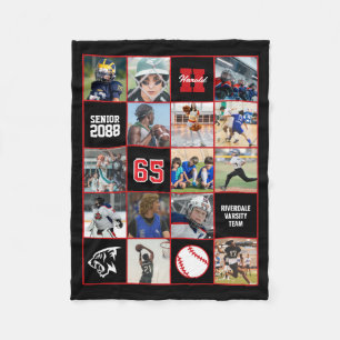 Baseball Team Senior Night Custom Photo Black Red Fleece Blanket