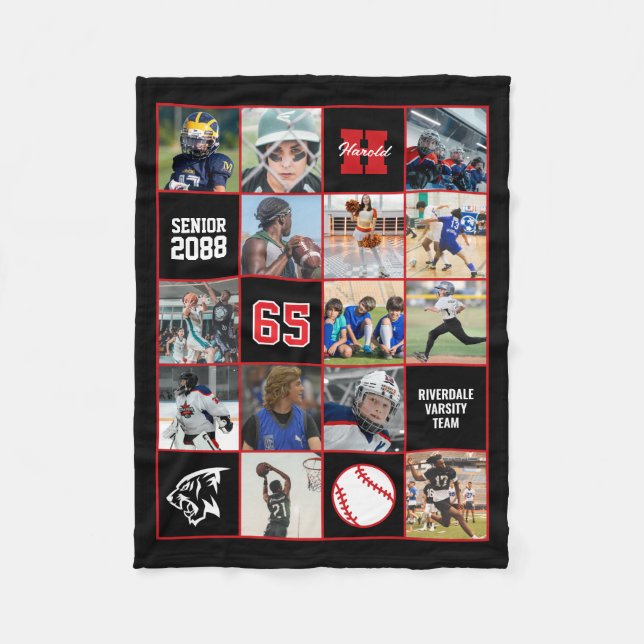 Baseball Team Senior Night Custom Photo Black Red Fleece Blanket (Front)
