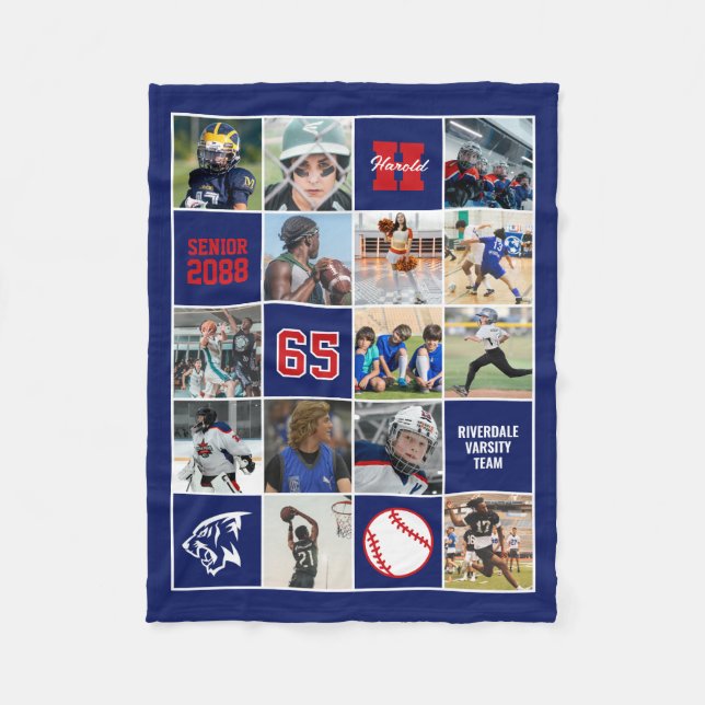 Baseball Team Senior Night Custom Photo Blue Red Fleece Blanket (Front)