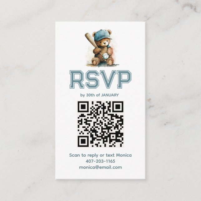 Baseball Teddy Bear Baby Shower QR Code RSVP  Enclosure Card (Front)