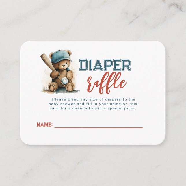 Baseball Teddy Bear Boy Baby Showe Diaper Raffle Enclosure Card (Front)