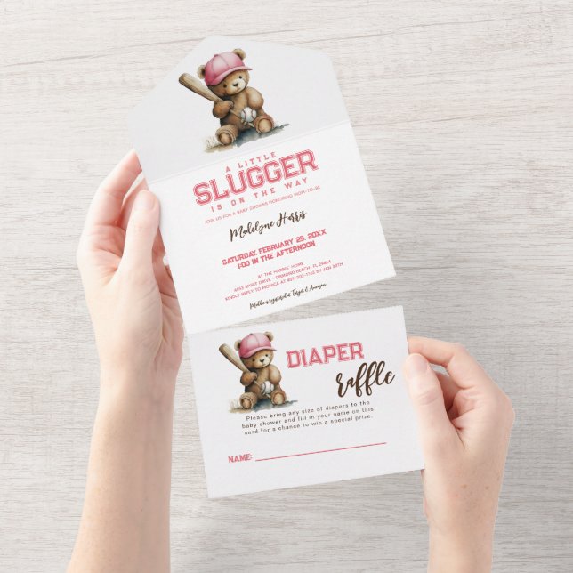 Baseball Teddy Bear QR RSVP Diaper raffle All In One Invitation (Tearaway)