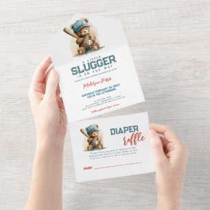 Baseball Teddy Bear QR RSVP Diaper raffle All In One Invitation