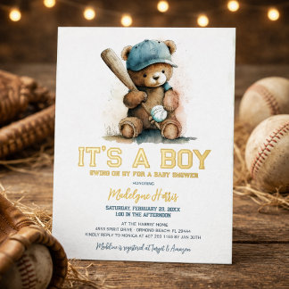 Baseball  Teddy Bear Watercolor Boy Baby Shower 