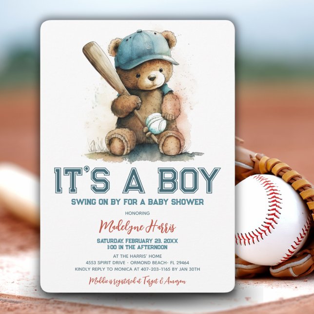 Baseball  Teddy Bear Watercolor Boy Baby Shower  Invitation (Creator Uploaded)