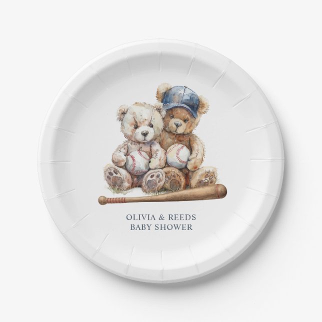 Baseball Teddy Bears Twins Baby Shower Paper Plate (Front)