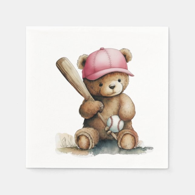 Baseball Teddy Pink Hat Bat Ball Baby Girl Napkin (Front)