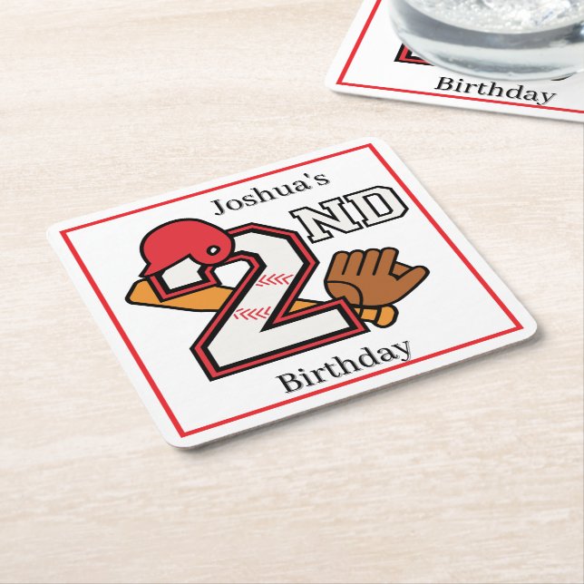 Baseball Theme 2nd Birthday Bat Ball Mitt Square Paper Coaster (Angled)