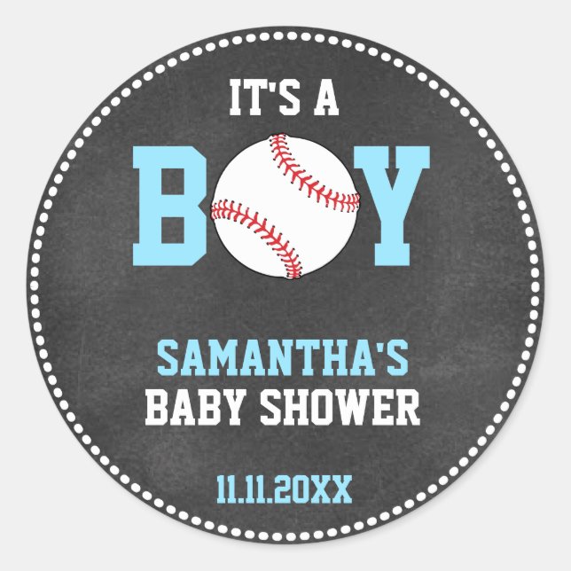 Baseball Theme Baby Shower Chalkboard Blue Boy Classic Round Sticker (Front)