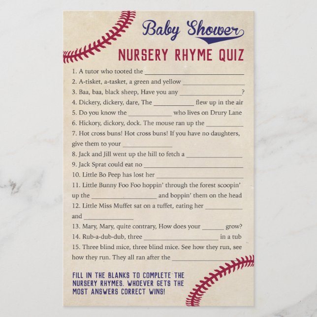 Baseball Theme Baby Shower Nursery Rhyme Quiz Game Flyer (Front)
