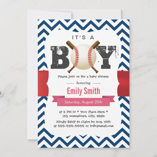 Baseball Theme Blue Chevron It's a Boy Baby Shower Invitation (Front)