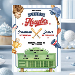 Baseball Theme Double Header Twin Joint Birthday Invitation