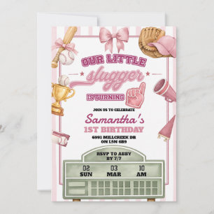 Baseball Theme Our Little Slugger Girl Birthday Invitation