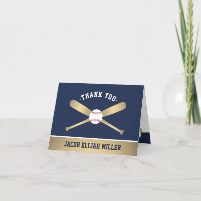 Baseball Theme Party Elegant Navy Blue and Gold Th Thank You Card (Front)