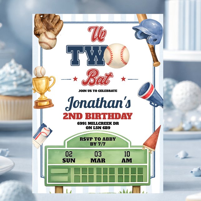 Baseball Theme Up Two Bat Second Birthday Invitation (Creator Uploaded)