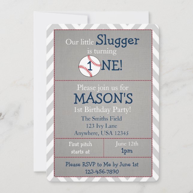 Baseball Themed 1st Birthday Party Invitation (Front)