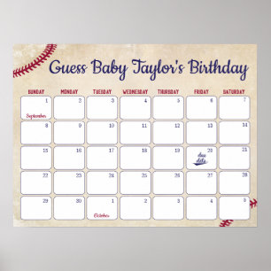 Baseball Themed Baby Birthday Prediction Calendar Poster