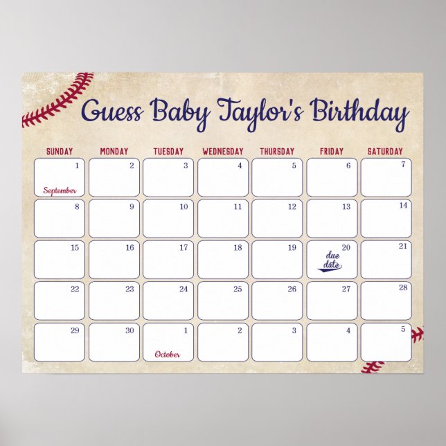 Baseball Themed Baby Birthday Prediction Calendar Poster (Front)