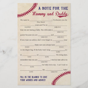 Baseball Themed Baby Shower Advice Game Cards