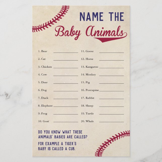 Baseball Themed Baby Shower Baby Animal Name Game Flyer (Front)