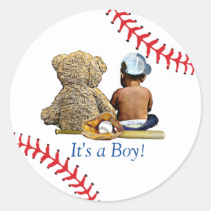 Baseball Themed Baby Shower Ethnic, Black Classic Round Sticker