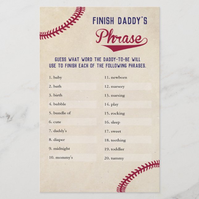 Baseball Themed Baby Shower Finish Daddy's Phrase Flyer (Front)