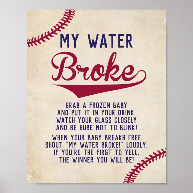 Baseball Themed Baby Shower My Water Broke Game Poster (Front)