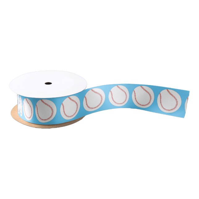 Baseball themed balls on blue ribbon satin ribbon (Spool)