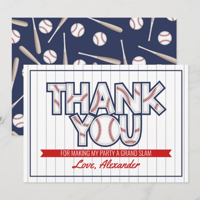 Baseball themed birthday thank you card (Front/Back)