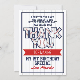 Baseball themed birthday thank you card